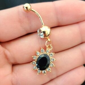 New Gold and Black Sunburst Belly Ring, Gold Tone Belly Ring